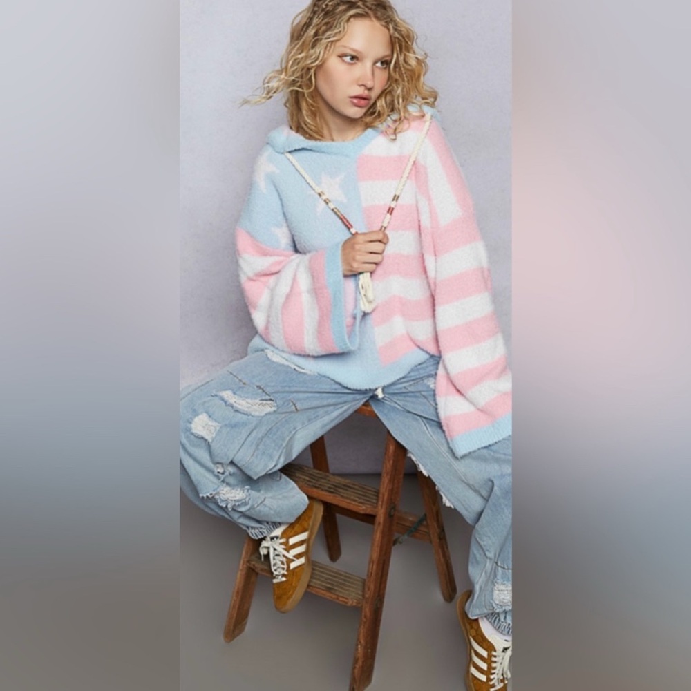 POL STRIPE STAR PINK AND BLUE OVERSIZED COZY HOODIE SIZE MEDIUM NWT - Picture 5 of 9